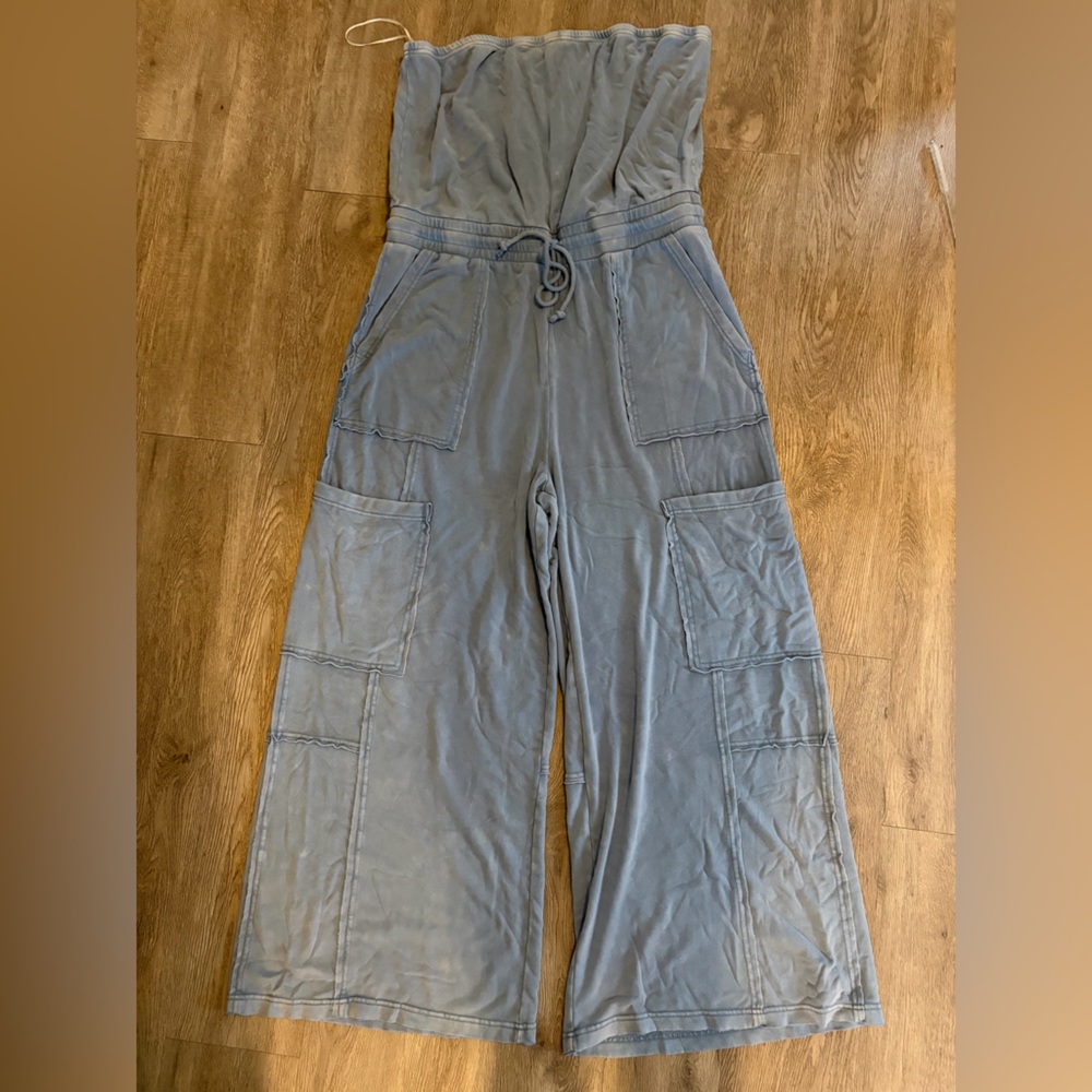 Fashion Nova Strapless Blue Drawstring Jumpsuit - Picture 5 of 5